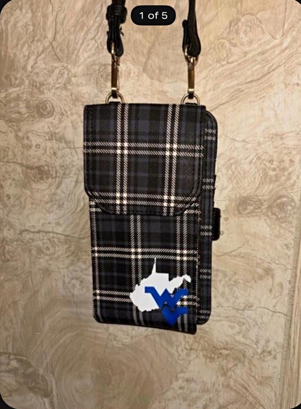 West Virginia Mountaineers Plaid Crossbody Wallet Strap, Card Slots, Zipper
